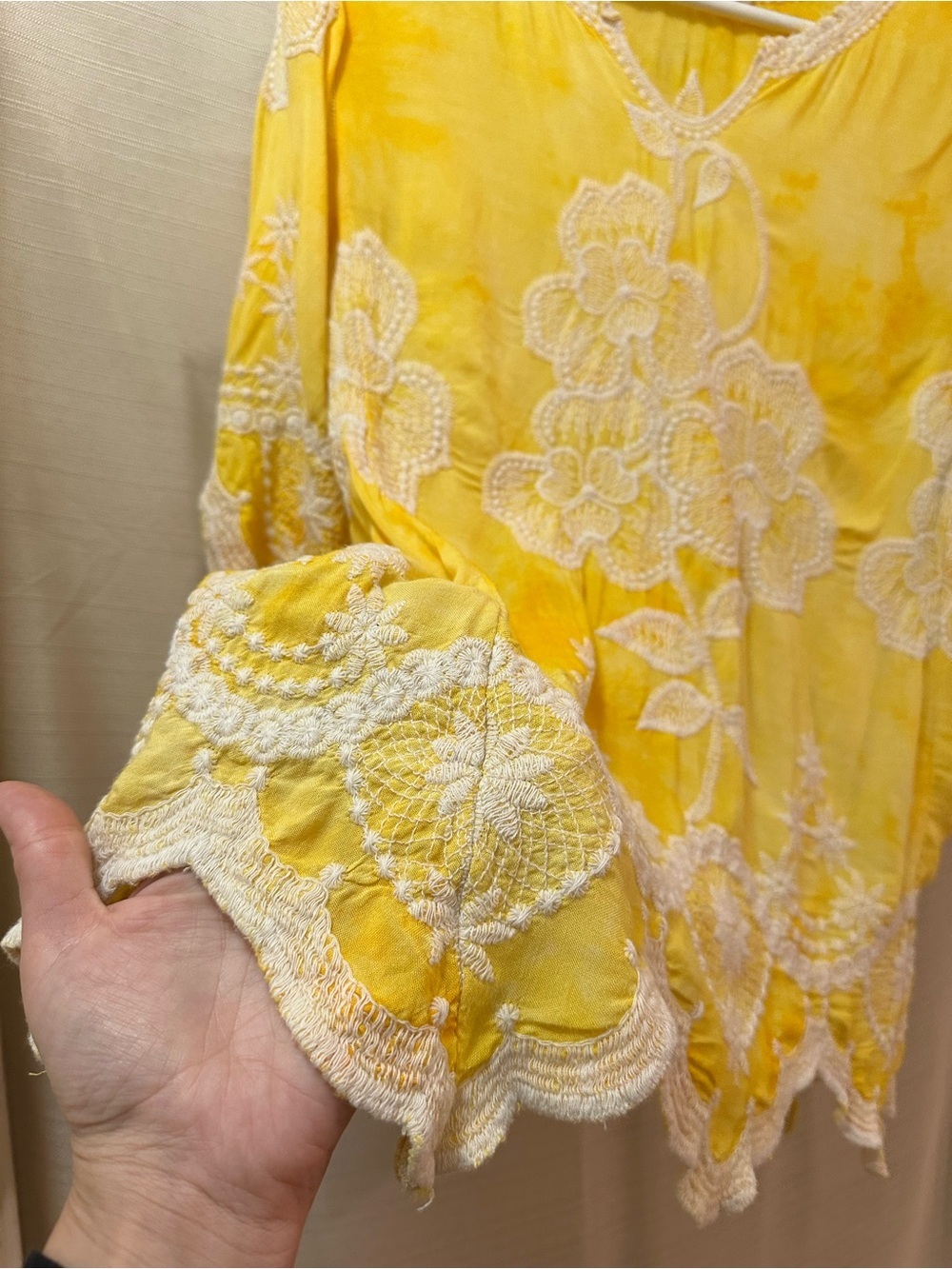 Solitaire Yellow Embroidered Floral Boho Rayon Blouse Cutwork Top Medium - Picture 6 of 9